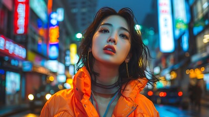Obraz premium A Korean model wearing fashionable streetwear, standing against the dynamic backdrop of Seoul's bustling streets. The city's colorful buildings and busy traffic create a lively atmosphere,