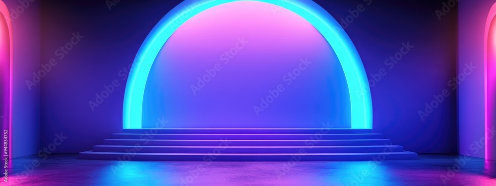 Leinwandbilder 3d render of an abstract neon background featuring a glowing blue rounded arch stairs and an empty p
