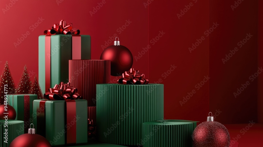 Poster 3D rendering of green and red product display stands featuring gift boxes and Christmas baubles on a red backdrop Elegant Christmas product showcase setting