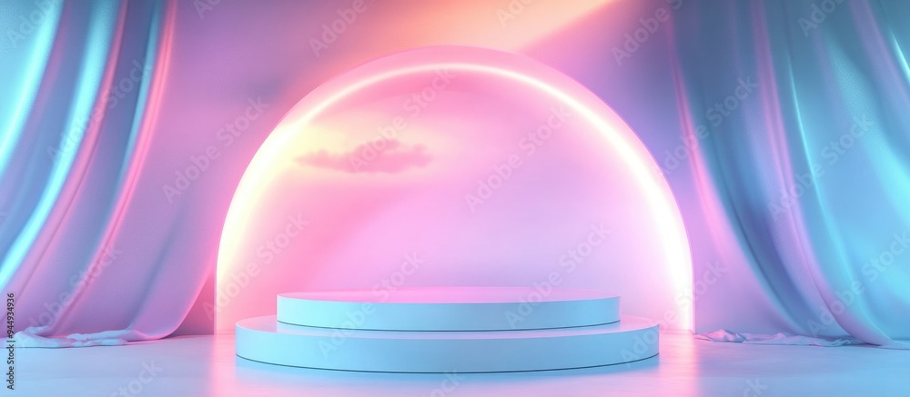 Poster 3D rendering of a gradient glossy abstract geometric podium stage designed for product showcases