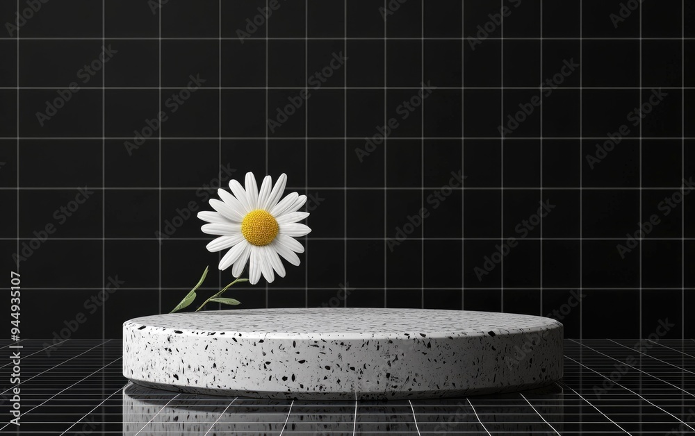 Aufkleber 3d rendered blank mockup of a terrazzo podium featuring a daisy against a transparent grid backgroun