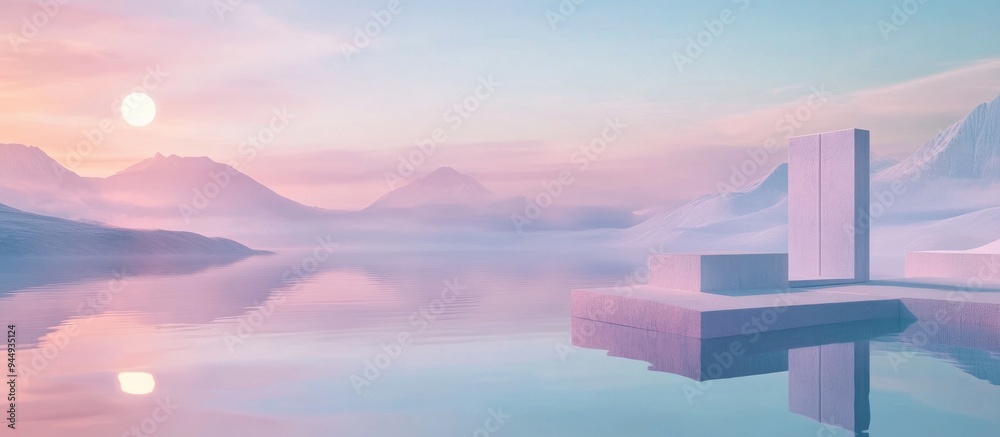 Poster 3d render abstract surreal pastel landscape featuring architectural elements and geometric shapes co