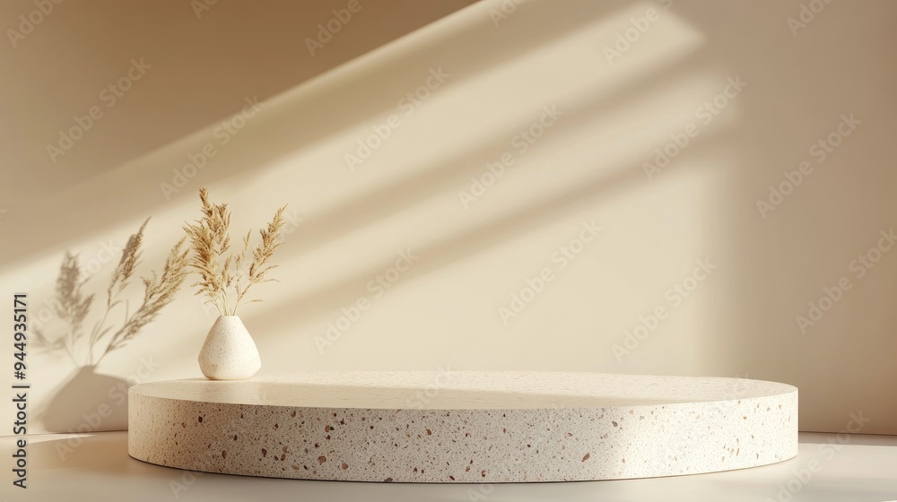Poster 3d rendering of a blank mockup terrazzo curved podium against a beige circular background wall