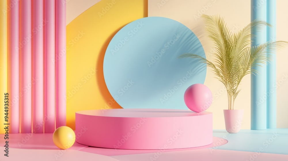Poster 3d rendering of abstract geometric shapes featuring a podium in pink blue and yellow hues with a min