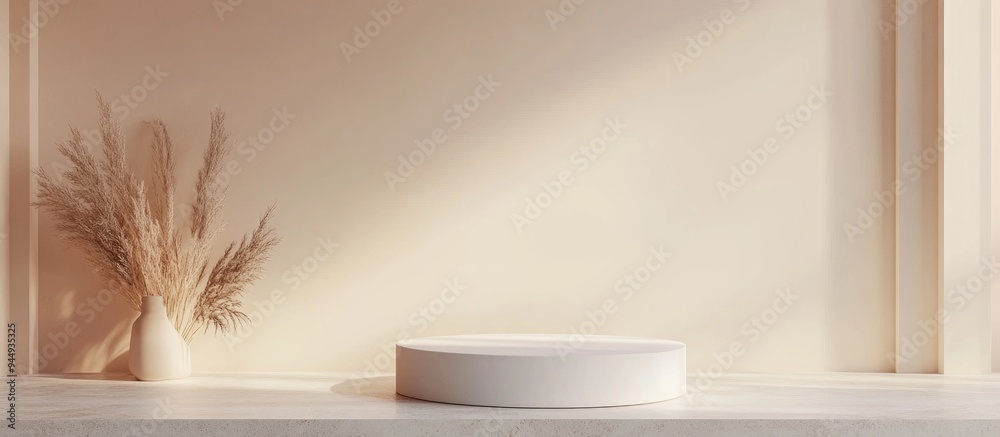 Aufkleber 3D rendering of a pastel minimal scene featuring a white blank podium with an earthy color palette Softly muted and saturated colors Designs with simple geometric shapes Contemporary showcase for p