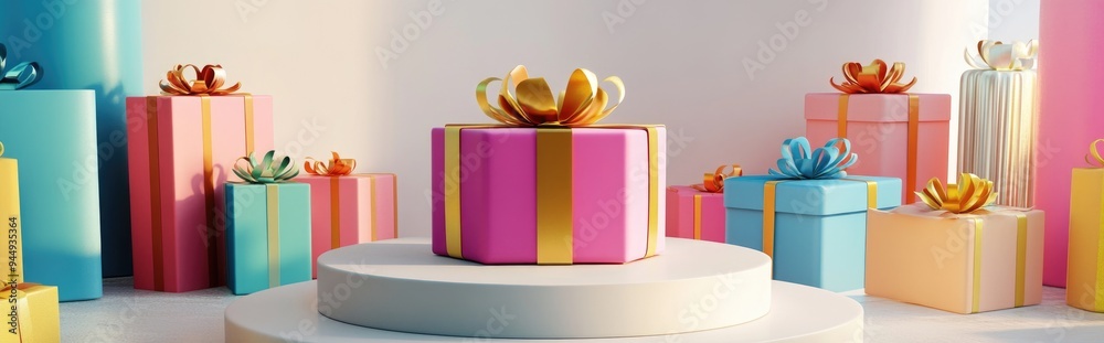 Poster 3D rendering of a podium surrounded by vibrant gift boxes against a white backdrop with clipping path