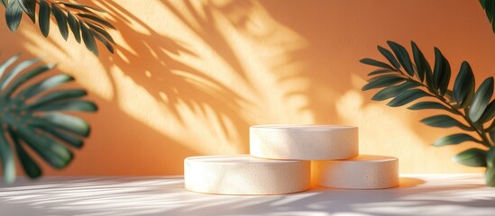 3D render of a summer podium display against a vibrant backdrop featuring tropical shadows on the wall and sunlight An abstract natural and organic setting ideal for promoting products related to