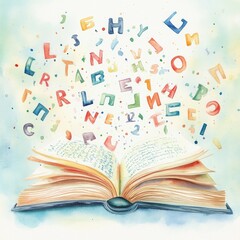 A whimsical illustration of an open book with colorful letters floating above, symbolizing imagination and creativity.