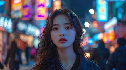 A photograph of a Korean model showcasing contemporary street fashion, posing confidently in the bustling streets of Seoul. The model's stylish outfit contrasts with the vibrant city background,