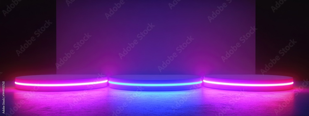 Poster 3d render neon light podium with gradient color effect