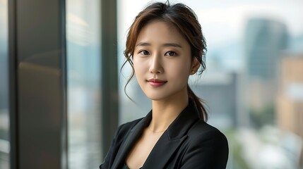 A professional photograph of a Korean model in a sleek office setting, dressed in modern business attire. The model is standing confidently by a large window, with the cityscape visible outside,