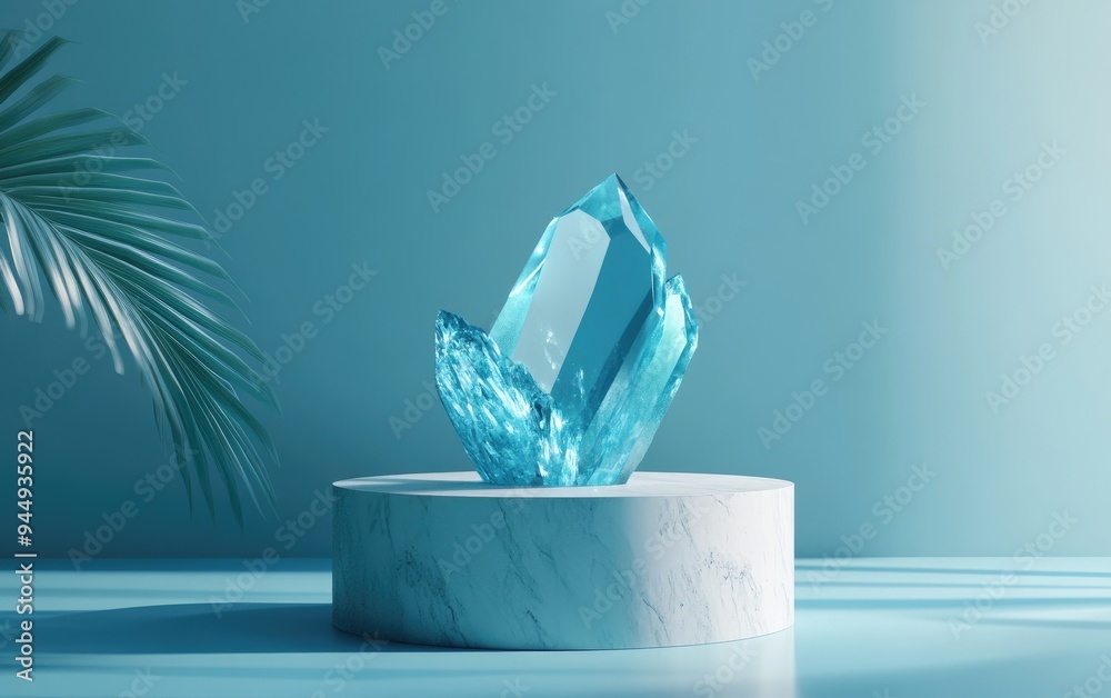 Fototapete 3d abstract minimal background featuring an aquamarine blue crystal nugget on a marble cylinder pede