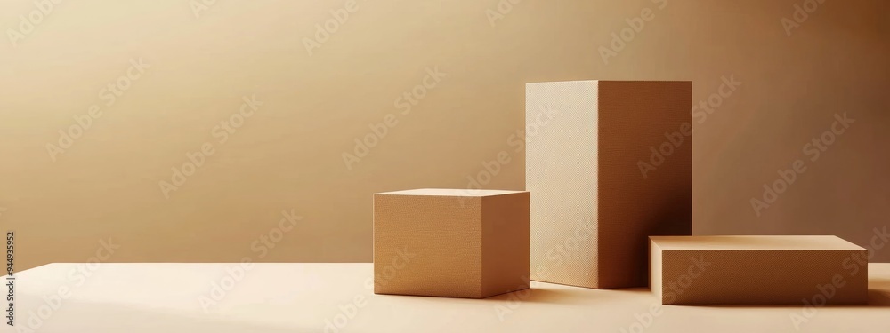 Poster 3d brown cube and box podium in a minimal studio background abstract geometric shape illustration in