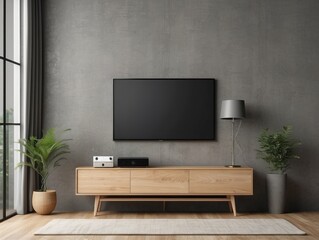 Modern Living Room with Flat Screen TV, Wooden Console, and Floor Lamp