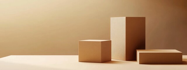3D brown cube and box podium in a minimal studio background Abstract geometric shape illustration in natural color tones