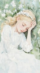A serene girl in a white dress rests among delicate flowers, capturing a moment of tranquility and innocence in nature.