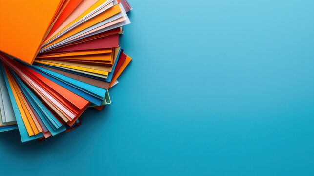 Stack of multicolored paper sheets fanned out on a bright blue background, perfect for creative and office-related themes.