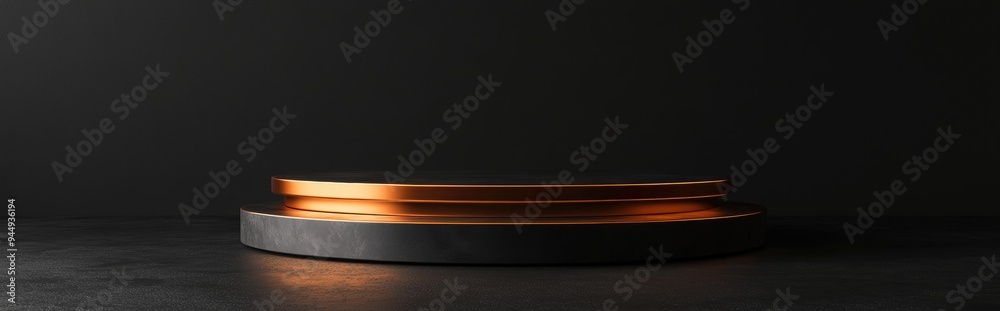 Poster 3D rendering of an isolated pedestal on a black background featuring a round copper frame and cylindrical steps showcasing an abstract minimalist concept with a blank space and clean design ideal