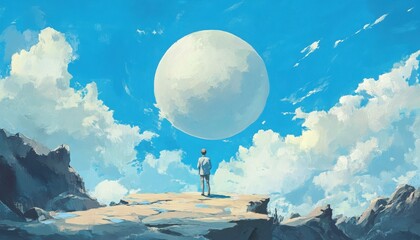 A serene landscape featuring a figure gazing at a large moon against a vibrant blue sky with fluffy clouds.