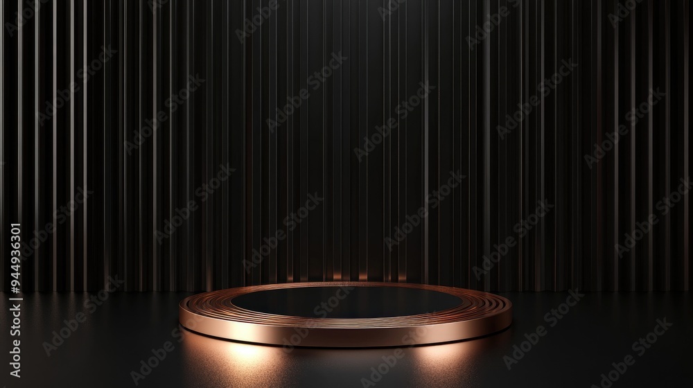 Poster 3D render of a rose gold and black podium set against a dark background featuring an abstract geometric cylinder design ideal for a luxury mock up empty showcase display