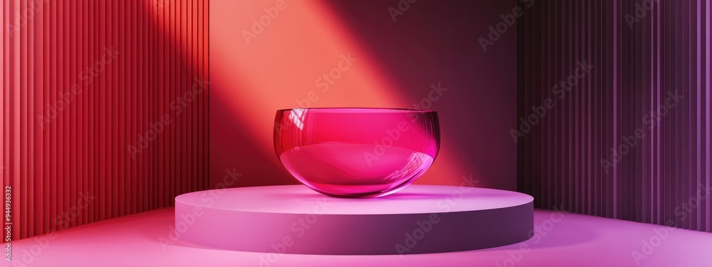 Aufkleber 3D render of an abstract geometric background featuring a translucent violet red round glass Modern minimalist display mockup with an unoccupied pedestal and empty podium
