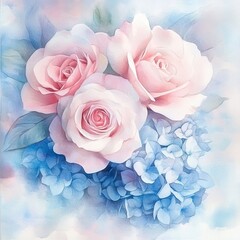 Delicate pink roses and blue hydrangeas create a serene floral arrangement, perfect for enhancing any creative project.