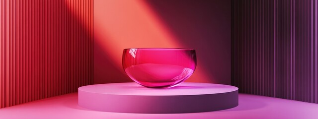 3D render of an abstract geometric background featuring a translucent violet red round glass Modern minimalist display mockup with an unoccupied pedestal and empty podium
