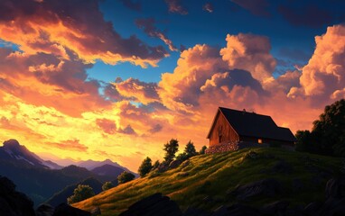 A serene mountain landscape at sunset, featuring a cozy cabin surrounded by trees and vibrant clouds.