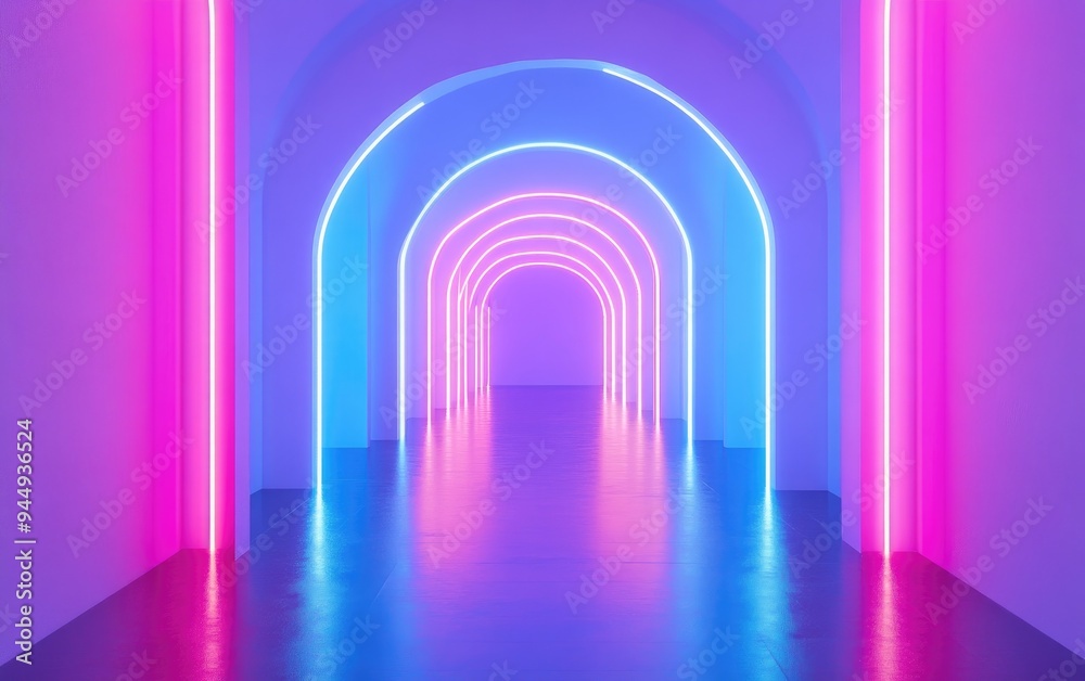 Poster 3D rendering of a simplistic geometric background featuring an architectural corridor with arch columns within a blank wall showcasing a modern minimal concept