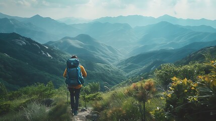 A serene image of a Korean model hiking in the picturesque mountains of Korea, with lush vegetation and scenic vistas all around.