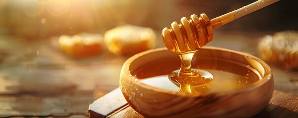 Golden Honey Dripping into Wooden Bowl with Sunlight Glimmering