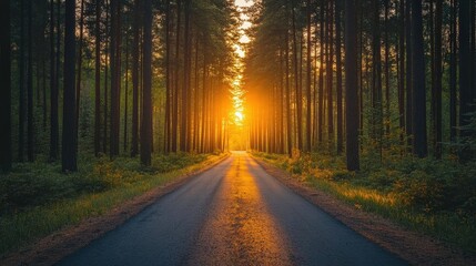 Obraz premium Road through a pine forest at sunrise, warm light creating a peaceful scene
