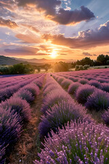 Obraz premium Stunning landscape with lavender field at sunset. magical shades of purple and pink ,a wide shot of lavender fields at sunrise