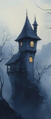 Obraz premium A spooky, fog-shrouded castle with glowing windows, perfect for evoking mystery and fantasy in visual storytelling.