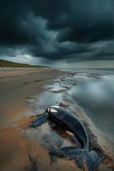 Dead orca beached on the shore, showing environmental pollution