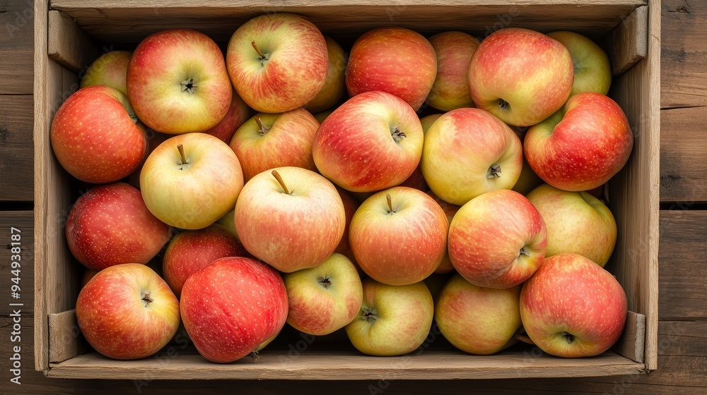 Sticker Freshly harvested red and yellow apples arranged in a wooden crate on a rustic wooden surface in autumn