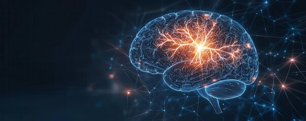 Digital illustration of stroke impact on cognitive functions, brain with disrupted neural pathways, cerebrovascular, neurology