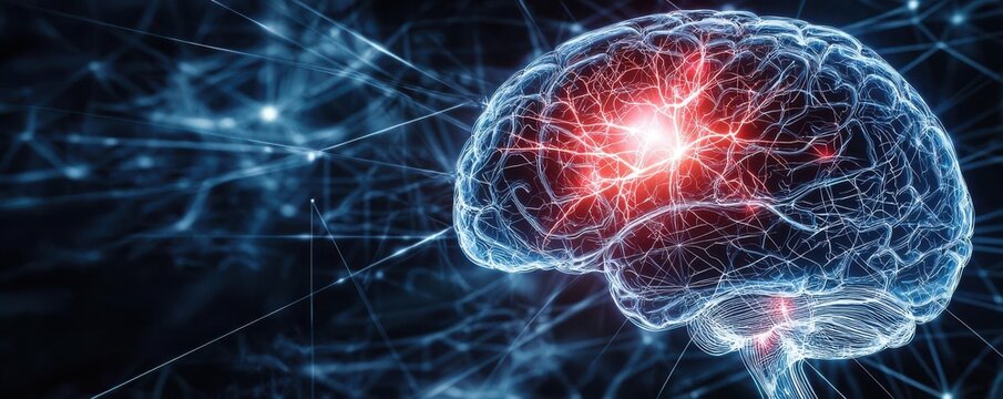 Digital illustration of stroke impact on cognitive functions, brain with disrupted neural pathways, cerebrovascular, neurology