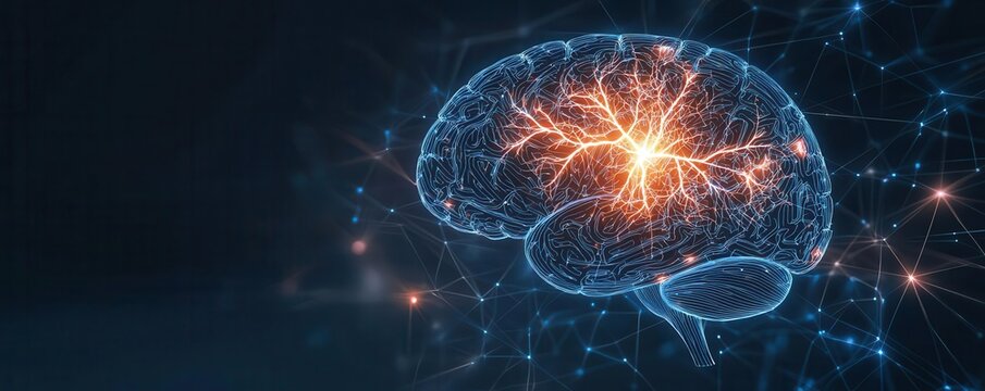 Digital illustration of stroke impact on cognitive functions, brain with disrupted neural pathways, cerebrovascular, neurology
