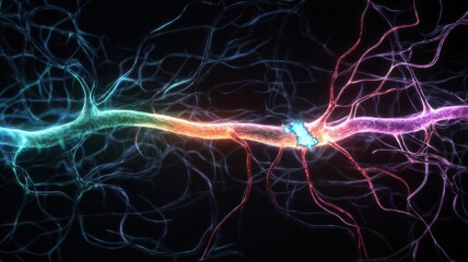 Digital rendering of neurological pathways blocked by stroke, bright colors indicating damage, stroke, neurological art