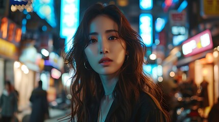 Obraz premium A stylish Korean model in chic street fashion, posing in the heart of Seoul. The vibrant cityscape, filled with bustling activity and neon lights,