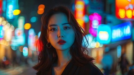 A stylish Korean model standing amid the neon lights of Seoul's streets at night, with colorful signs and reflections creating a vibrant atmosphere.