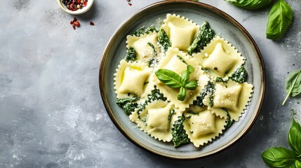 Freshly made ravioli pasta filled with a creamy spinach and ricotta mixture served on a simple white plate with copy space for text overlay or product placement
