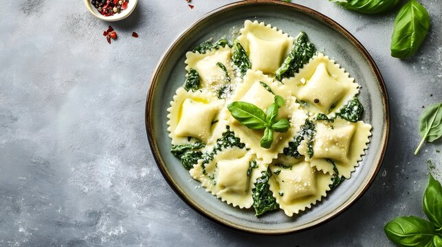 Freshly made ravioli pasta filled with a creamy spinach and ricotta mixture served on a simple white plate with copy space for text overlay or product placement