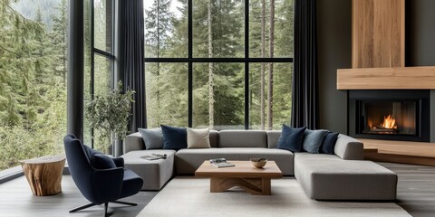 cozy modern living room, large window with forest view, gray sectional sofa with throw pillows, wooden coffee tables, black armchair, fireplace with wooden mantel, indoor plant, soft natural lighting,