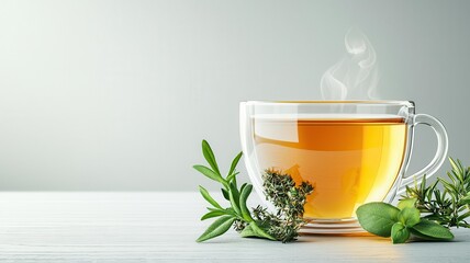 Organic herbal tea, steaming cup with herbs on side, 3D illustration