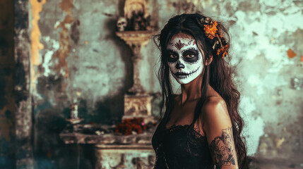 Fototapeta premium Beautiful woman with sugar skull face paint, standing in front of a dilapidated Mexican