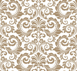 Floral pattern. Vintage wallpaper in the Baroque style. Seamless vector background. White and beige ornament for fabric, wallpaper, packaging. Ornate Damask flower ornament