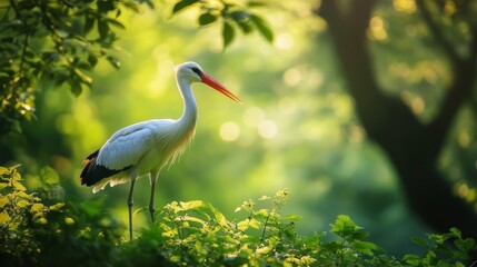 Fototapeta premium Green and stork, a picturesque embrace.