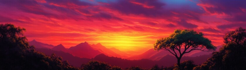 Obraz premium Stunning sunset over mountains, featuring vibrant colors and silhouettes of trees, creating a peaceful and serene landscape.